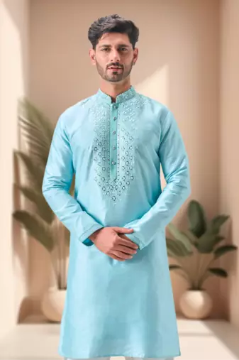 Sky blue mirror work art silk dhoti kurta