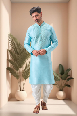 Sky blue mirror work art silk dhoti kurta 4