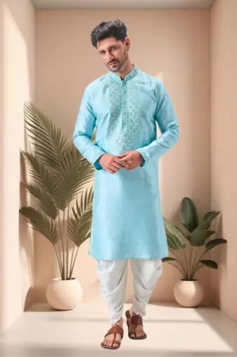 Sky blue mirror work art silk dhoti kurta