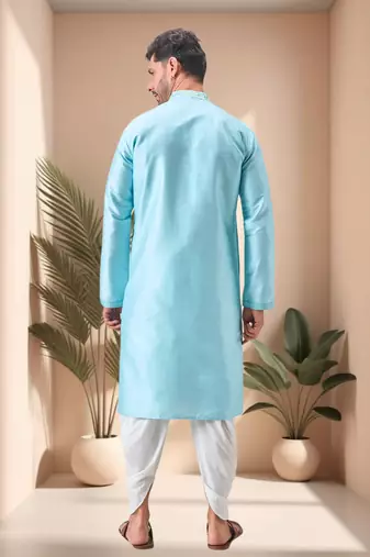 Sky blue mirror work art silk dhoti kurta