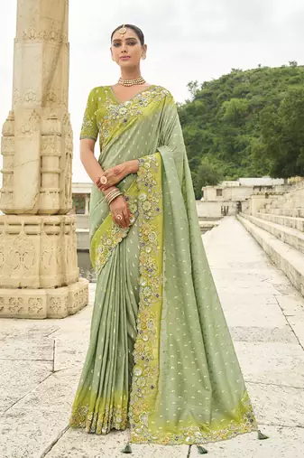 Pistachio viscose tissue silk saree with embroidery & cutwork border