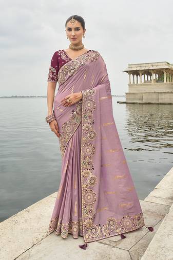 Mauve viscose tissue silk saree with embroidery & cutwork border