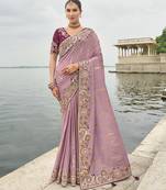 Mauve viscose tissue silk saree with embroidery & cutwork border