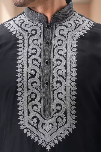 Black art silk embroidery dhoti kurta set