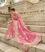 Pink viscose tissue silk saree with embroidery & cutwork border