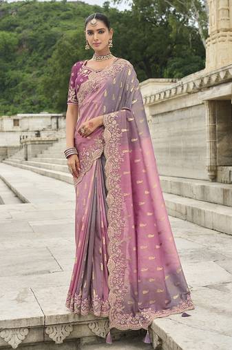 Pink & mauve shaded viscose tissue silk saree with embroidery & cutwork border