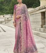 Pink & mauve shaded viscose tissue silk saree with embroidery & cutwork border