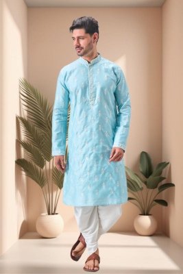 Sky blue art silk embroidery dhoti kurta set 1