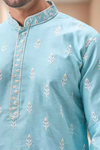 Sky blue art silk embroidery dhoti kurta set