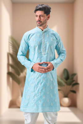 Sky blue art silk embroidery dhoti kurta set 4