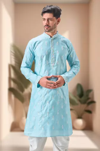 Sky blue art silk embroidery dhoti kurta set