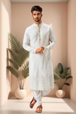 Off white linen embroidery dhoti kurta set 1