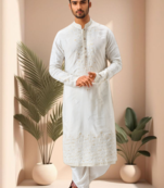 Off white linen embroidery dhoti kurta set