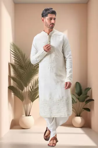 Off white linen embroidery dhoti kurta set