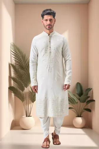 Off white linen embroidery dhoti kurta set