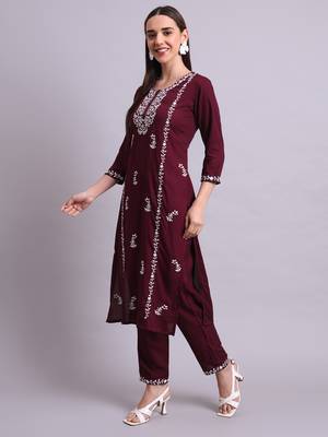 purple rayon & embroidery work kurta with trousers set 1