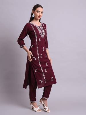 purple rayon & embroidery work kurta with trousers set 2