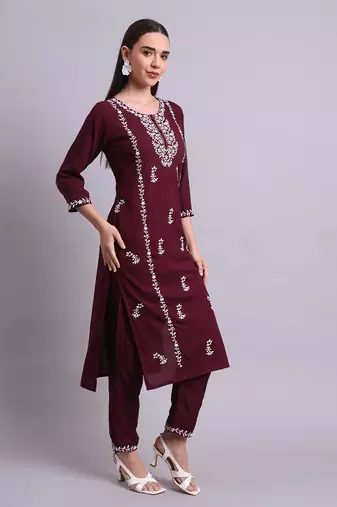 purple rayon & embroidery work kurta with trousers set