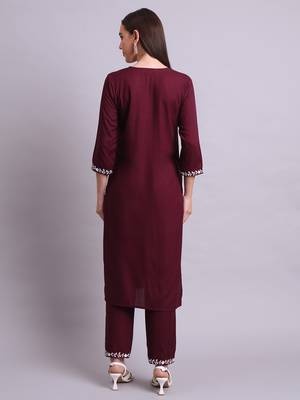 purple rayon & embroidery work kurta with trousers set 3