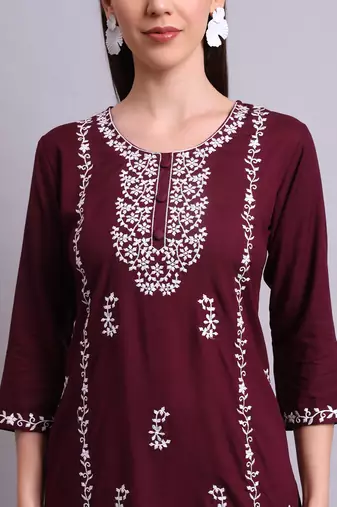 purple rayon & embroidery work kurta with trousers set