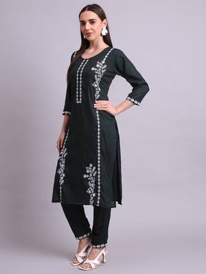 green rayon & embroidery work kurta with trousers set 1