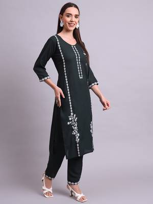 green rayon & embroidery work kurta with trousers set 2