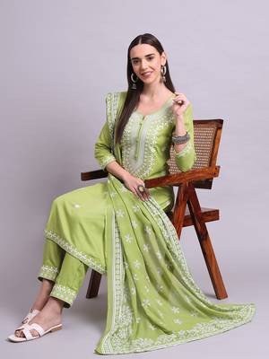 green rayon & embroidery work kurta with trousers & dupatta set 1