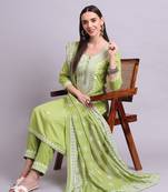 green rayon & embroidery work kurta with trousers & dupatta set