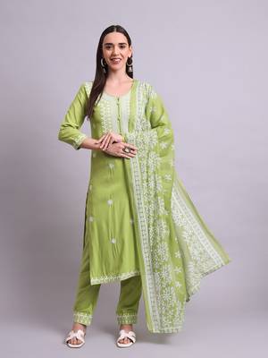 green rayon & embroidery work kurta with trousers & dupatta set 2