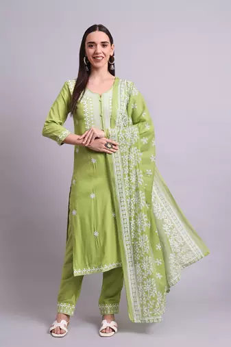 green rayon & embroidery work kurta with trousers & dupatta set