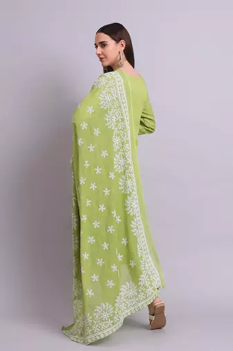 green rayon & embroidery work kurta with trousers & dupatta set