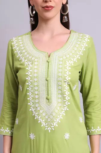 green rayon & embroidery work kurta with trousers & dupatta set