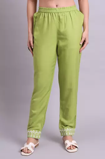 green rayon & embroidery work kurta with trousers & dupatta set