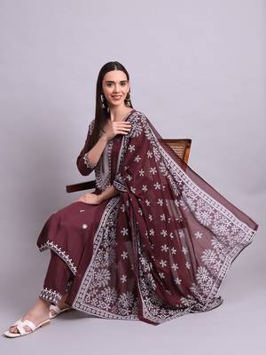 brown rayon & embroidery work kurta with trousers & dupatta set 1