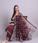 brown rayon & embroidery work kurta with trousers & dupatta set