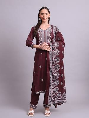 brown rayon & embroidery work kurta with trousers & dupatta set 2