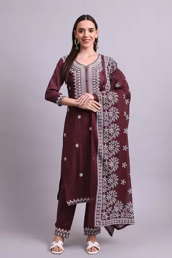 brown rayon & embroidery work kurta with trousers & dupatta set