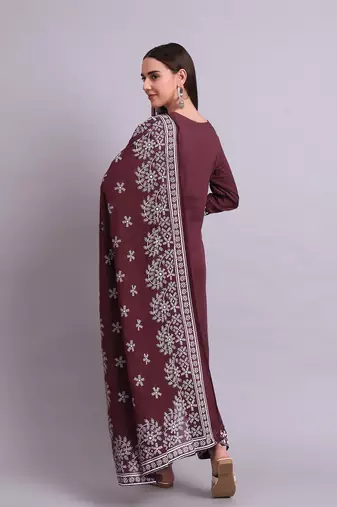 brown rayon & embroidery work kurta with trousers & dupatta set