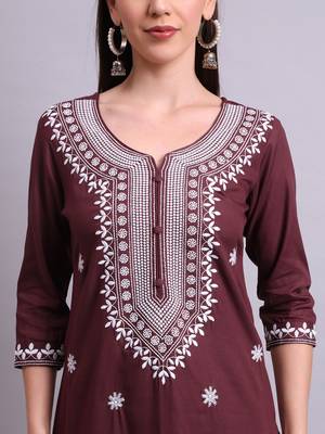 brown rayon & embroidery work kurta with trousers & dupatta set 4