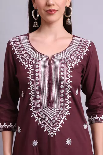brown rayon & embroidery work kurta with trousers & dupatta set