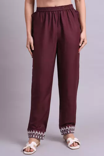 brown rayon & embroidery work kurta with trousers & dupatta set