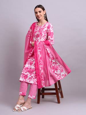 pink cotton floral printed & embroidery work kurta with trousers & dupatta set 1