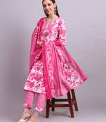 pink cotton floral printed & embroidery work kurta with trousers & dupatta set