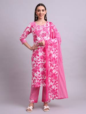 pink cotton floral printed & embroidery work kurta with trousers & dupatta set 2