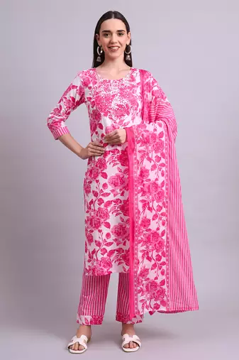 pink cotton floral printed & embroidery work kurta with trousers & dupatta set