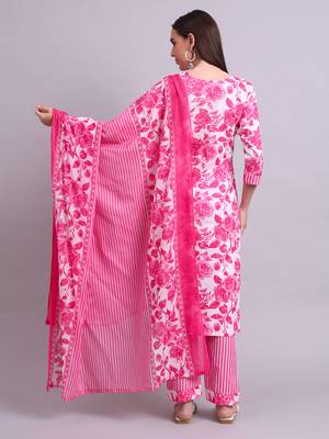 pink cotton floral printed & embroidery work kurta with trousers & dupatta set 3