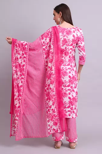 pink cotton floral printed & embroidery work kurta with trousers & dupatta set