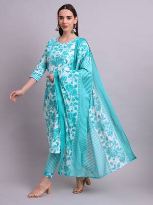 green cotton floral printed & embroidery work kurta with trousers & dupatta set 1