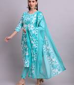 green cotton floral printed & embroidery work kurta with trousers & dupatta set