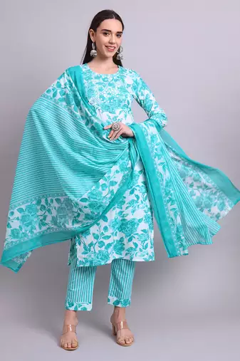 green cotton floral printed & embroidery work kurta with trousers & dupatta set
